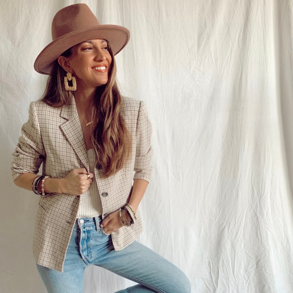 baby pink plaid blazer